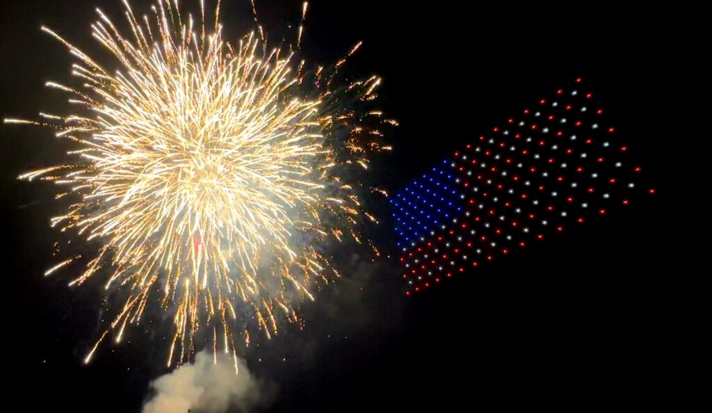firework and flag drone show